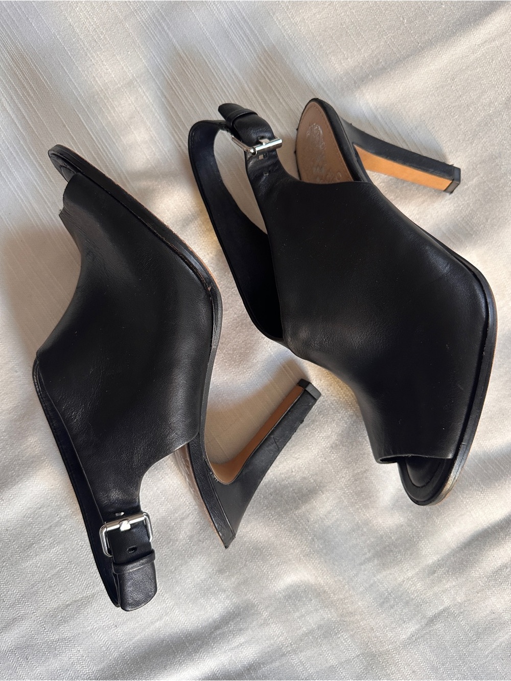 VINCE CAMUTO “Ledinla” Soft Black Leather Peep Toe Slingback Sandals | 8 - Picture 3 of 13